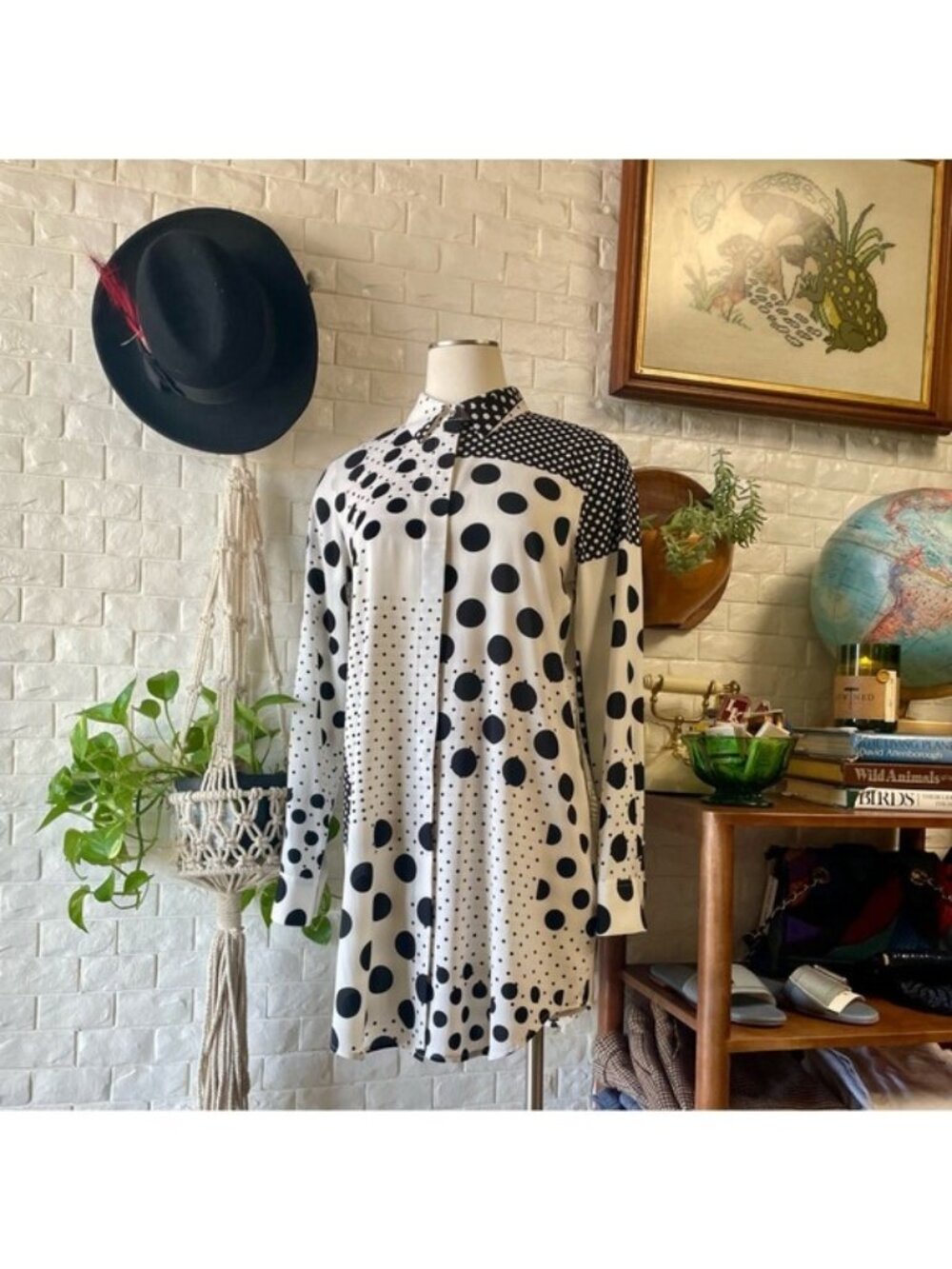 Calvin Klein Polka Dot Panel Patchwork Print Shirt Dress Size Small